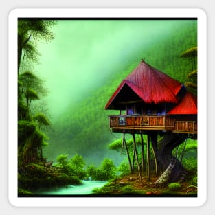 Digital Painting of a Beautiful Red cottage Tree House Near River Sticker